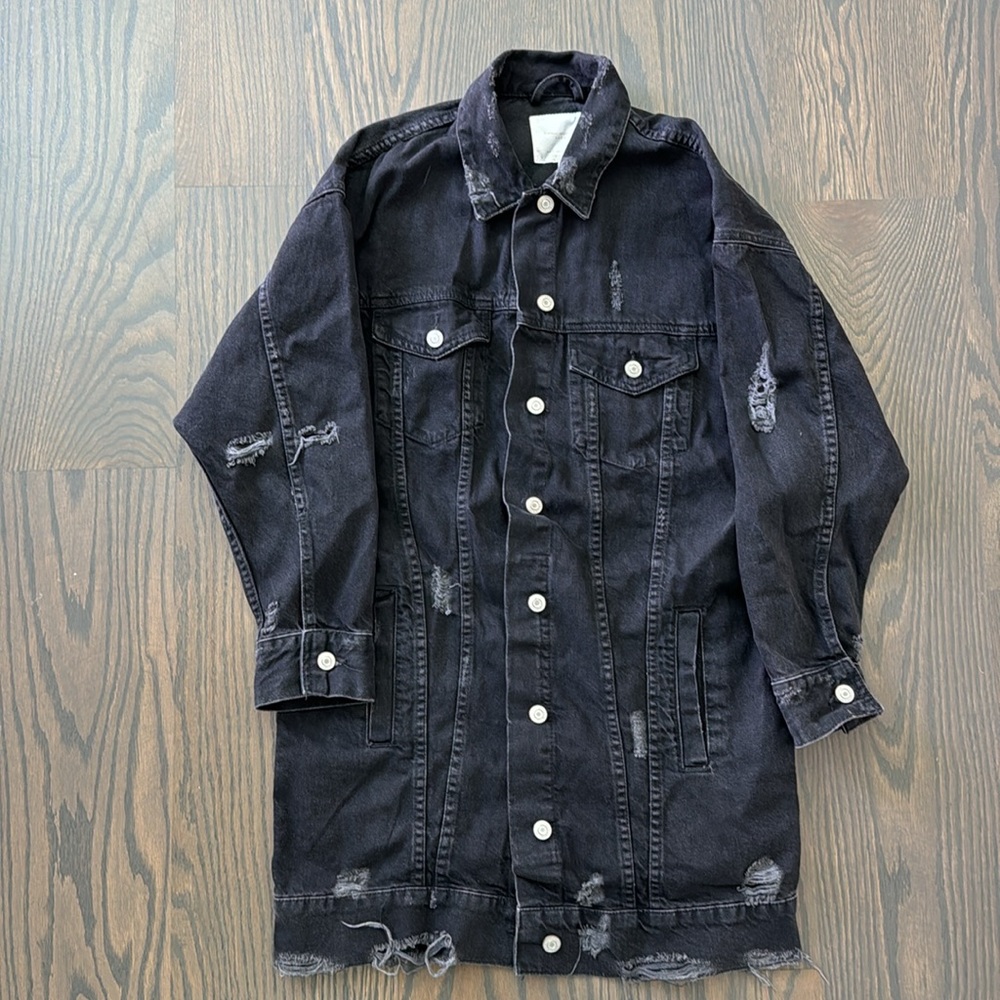 Zara Black Jean Jacket Destroyed Ripped Denim Size S